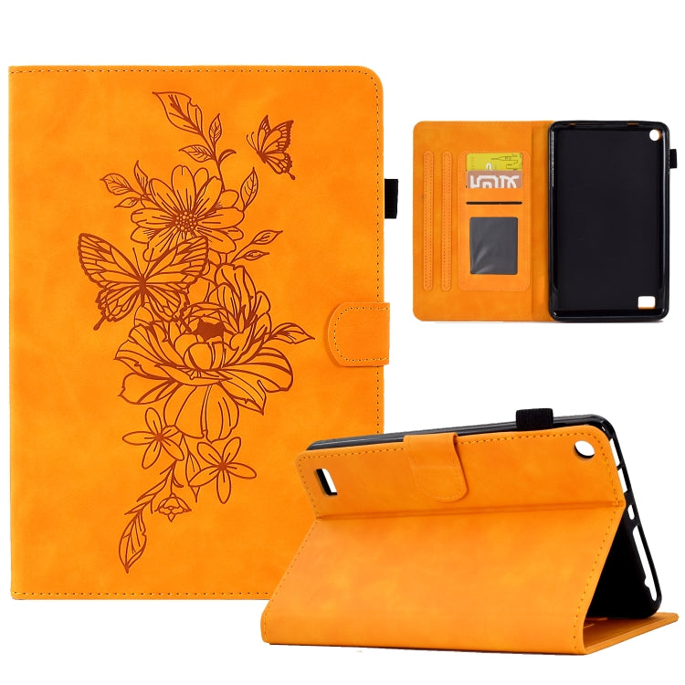 For Amazon Kindle Fire 7 2019/2017/2015 Peony Butterfly Embossed Leather Smart Tablet Case(Khaki)