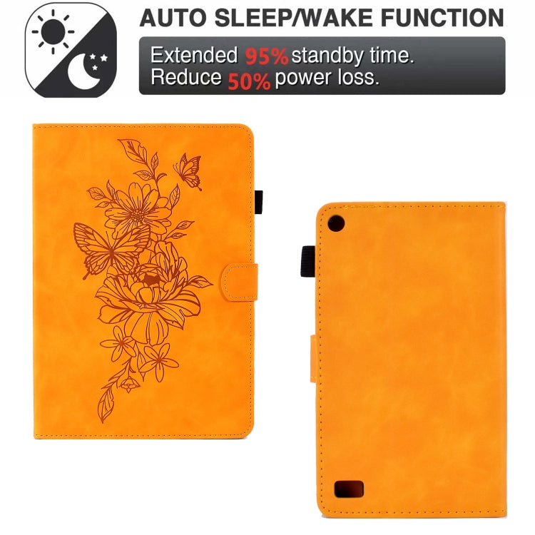 For Amazon Kindle Fire 7 2019/2017/2015 Peony Butterfly Embossed Leather Smart Tablet Case(Khaki)