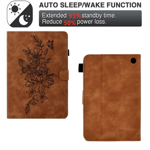 For Amazon Kindle Fire 7 2022 Peony Butterfly Embossed Leather Smart Tablet Case(Brown)