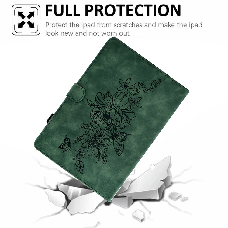 For Amazon Kindle Fire 7 2022 Peony Butterfly Embossed Leather Smart Tablet Case(Green)