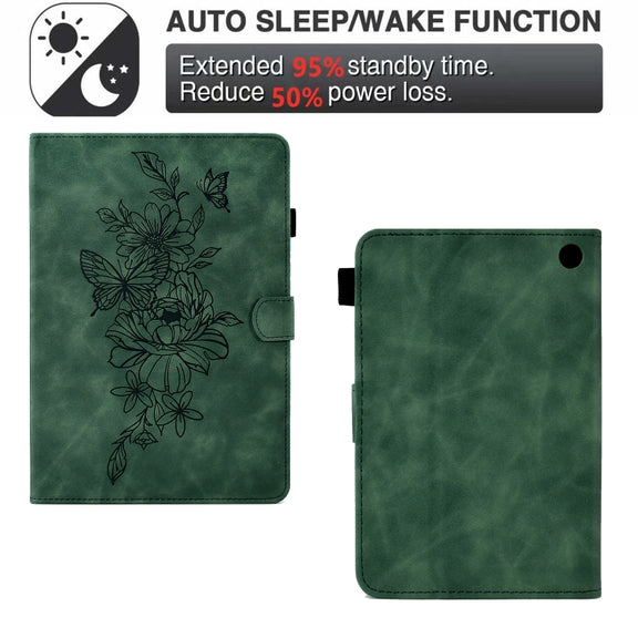 For Amazon Kindle Fire 7 2022 Peony Butterfly Embossed Leather Smart Tablet Case(Green)