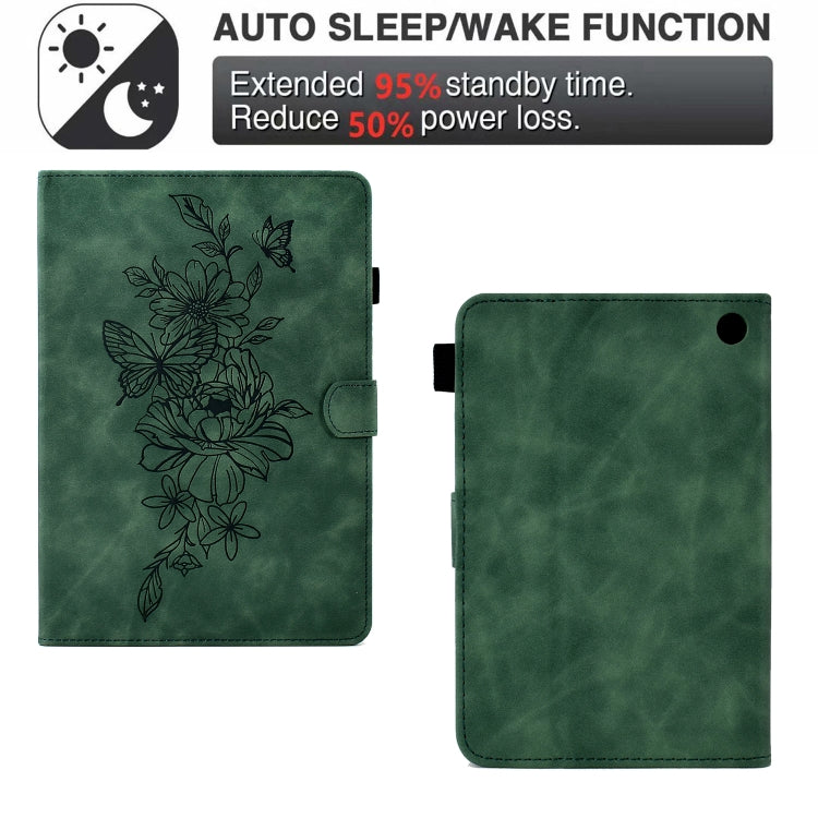 For Amazon Kindle Fire 7 2022 Peony Butterfly Embossed Leather Smart Tablet Case(Green)