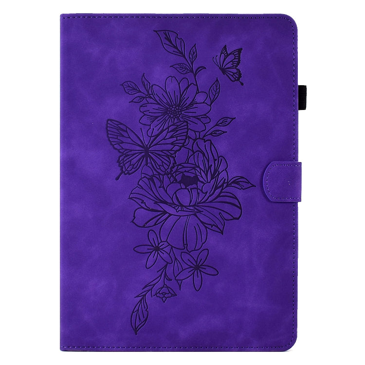 For Amazon Kindle Fire 7 2022 Peony Butterfly Embossed Leather Smart Tablet Case(Purple)