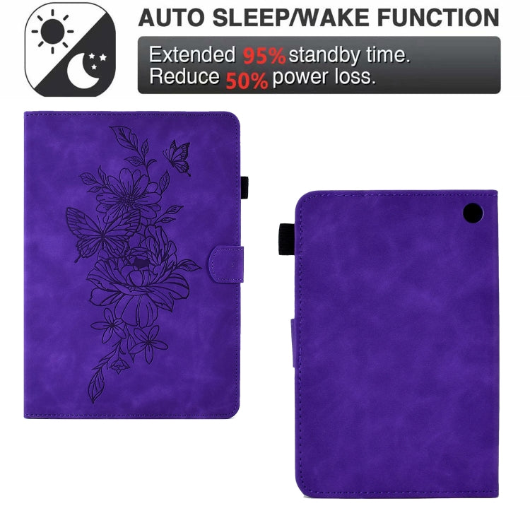 For Amazon Kindle Fire 7 2022 Peony Butterfly Embossed Leather Smart Tablet Case(Purple)