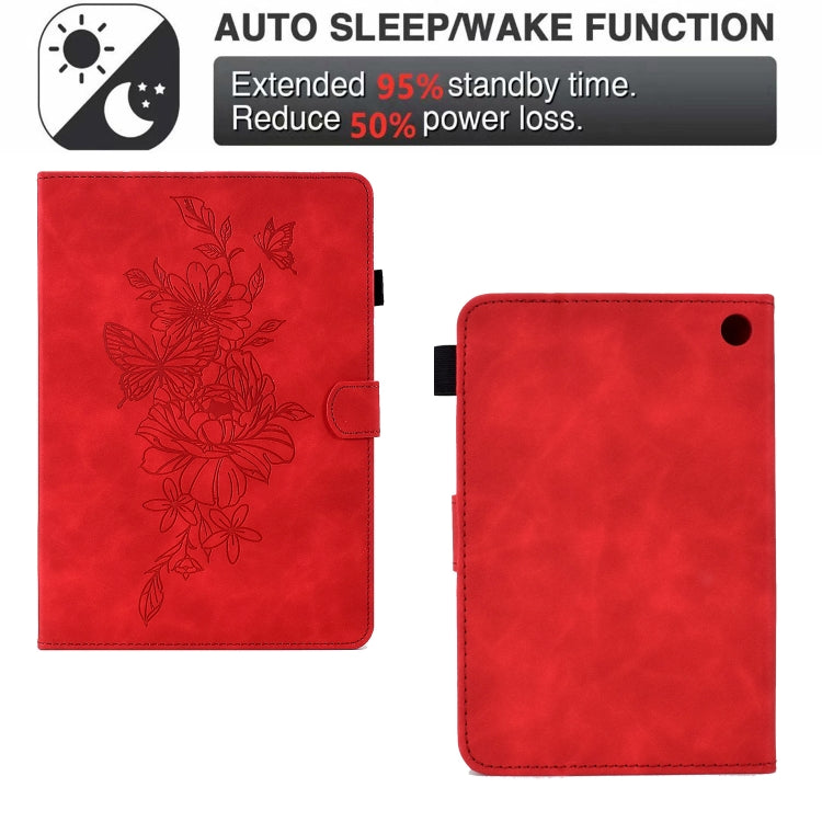 For Amazon Kindle Fire 7 2022 Peony Butterfly Embossed Leather Smart Tablet Case(Red)