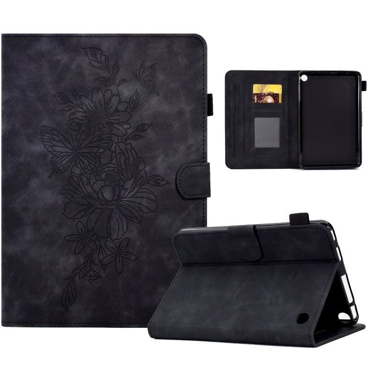 For Amazon Kindle Fire 7 2022 Peony Butterfly Embossed Leather Smart Tablet Case(Black)
