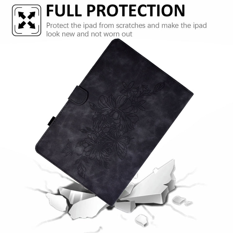 For Amazon Kindle Fire 7 2022 Peony Butterfly Embossed Leather Smart Tablet Case(Black)