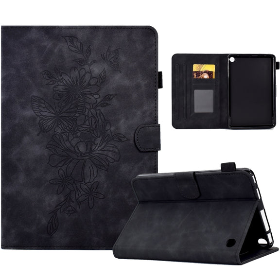 For Amazon Kindle Fire 7 2022 Peony Butterfly Embossed Leather Smart Tablet Case(Black)