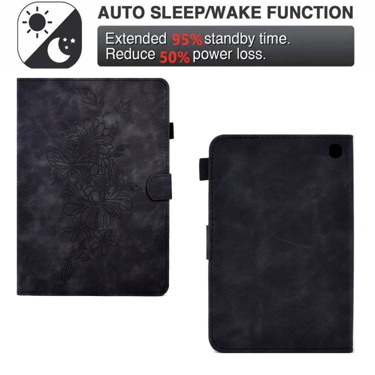 For Amazon Kindle Fire 7 2022 Peony Butterfly Embossed Leather Smart Tablet Case(Black)