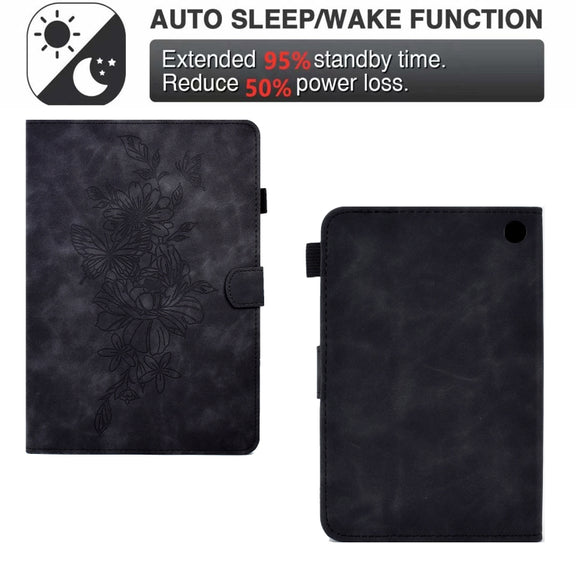 For Amazon Kindle Fire 7 2022 Peony Butterfly Embossed Leather Smart Tablet Case(Black)
