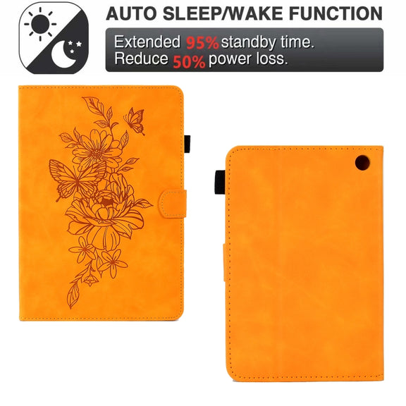 For Amazon Kindle Fire 7 2022 Peony Butterfly Embossed Leather Smart Tablet Case(Khaki)