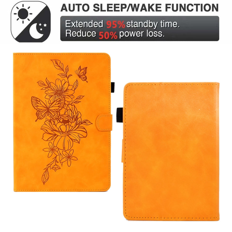 For Amazon Kindle Paperwhite 4/3/2/1 Peony Butterfly Embossed Leather Smart Tablet Case(Khaki)