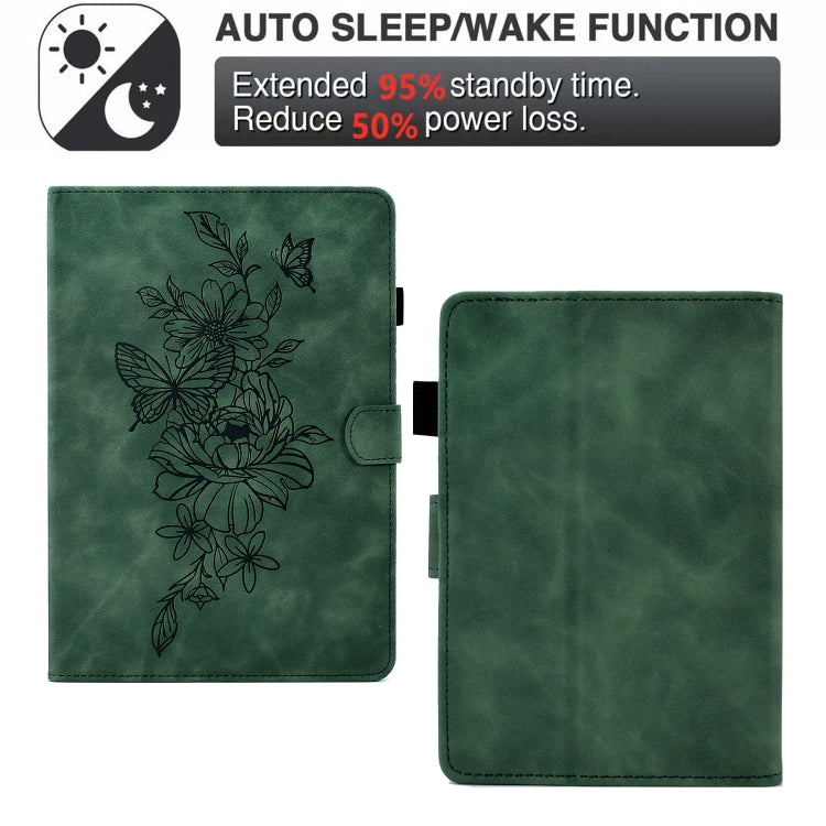For Amazon Kindle Paperwhite 5 Peony Butterfly Embossed Leather Smart Tablet Case(Green)