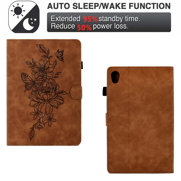 For Lenovo Tab M10 Gen 2 Peony Butterfly Embossed Leather Smart Tablet Case(Brown)