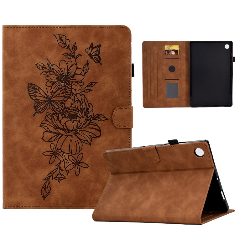 For Lenovo Tab M10 Plus Peony Butterfly Embossed Leather Smart Tablet Case(Brown)