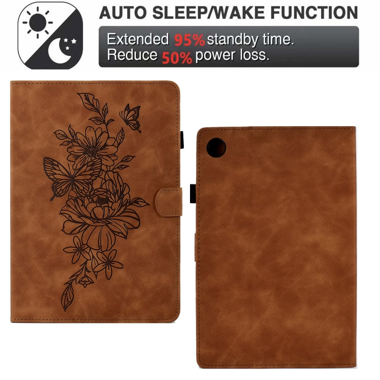 For Lenovo Tab M10 Plus Peony Butterfly Embossed Leather Smart Tablet Case(Brown)