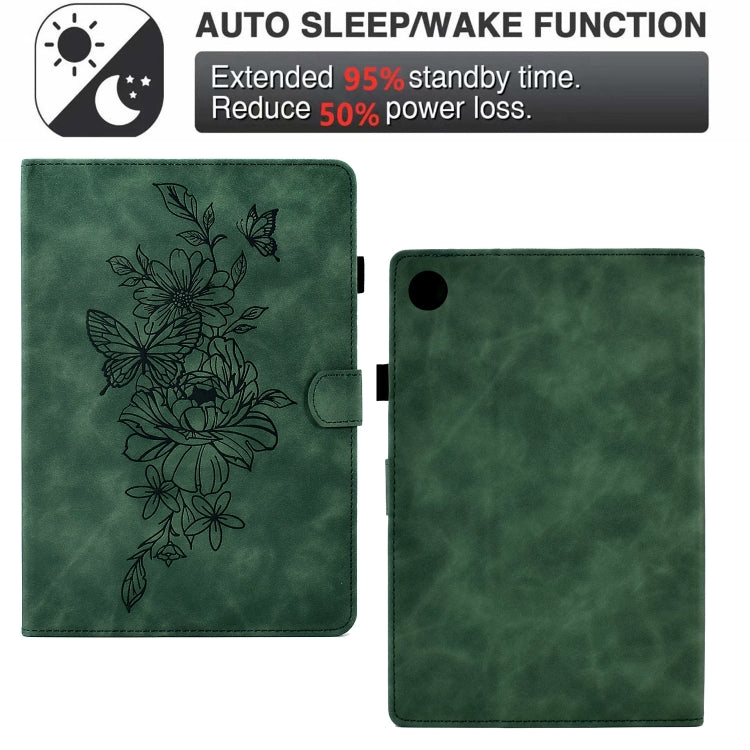 For Lenovo Tab M10 Plus Peony Butterfly Embossed Leather Smart Tablet Case(Green)