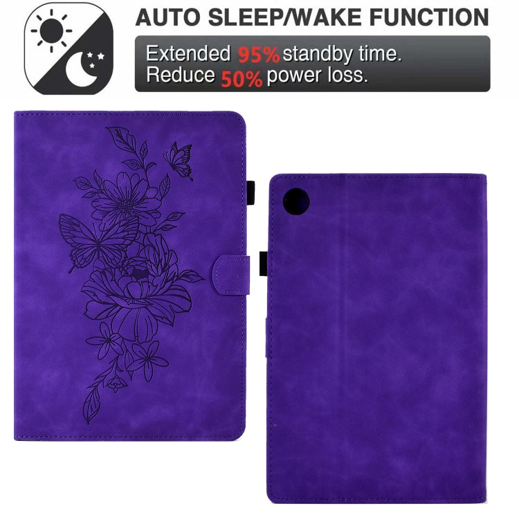 For Lenovo Tab M10 Plus Peony Butterfly Embossed Leather Smart Tablet Case(Purple)