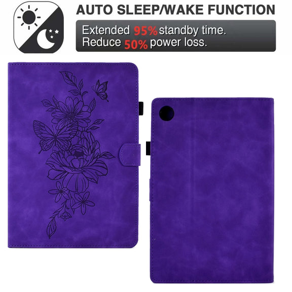 For Lenovo Tab M10 Plus Peony Butterfly Embossed Leather Smart Tablet Case(Purple)