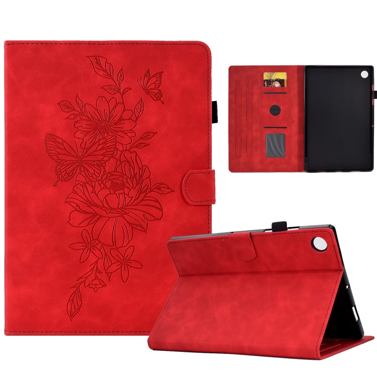 For Lenovo Tab M10 Plus Peony Butterfly Embossed Leather Smart Tablet Case(Red)