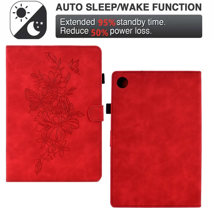 For Lenovo Tab M10 Plus Peony Butterfly Embossed Leather Smart Tablet Case(Red)