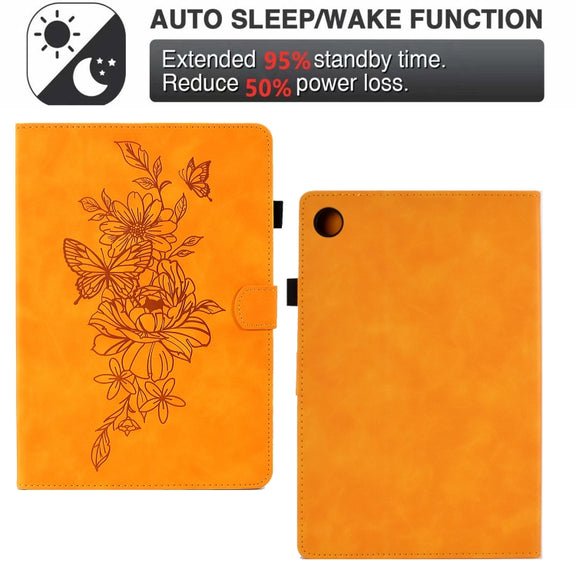 For Lenovo Tab M10 Plus Peony Butterfly Embossed Leather Smart Tablet Case(Khaki)