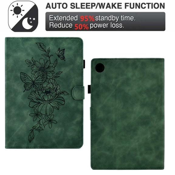 For Lenovo Tab M10 Plus 3rd Gen Peony Butterfly Embossed Leather Smart Tablet Case(Green)