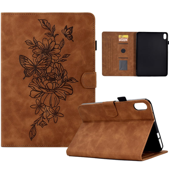 For Lenovo Tab P11 Peony Butterfly Embossed Leather Smart Tablet Case(Brown)