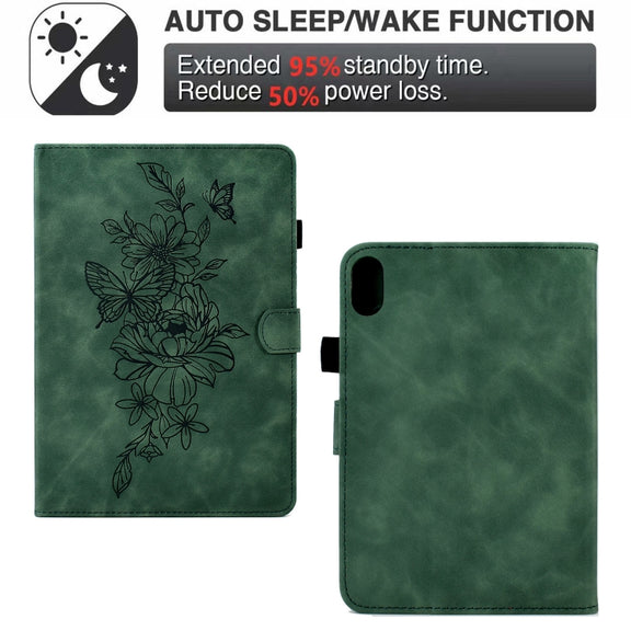 For Lenovo Tab P11 Peony Butterfly Embossed Leather Smart Tablet Case(Green)