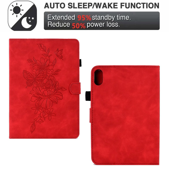 For Lenovo Tab P11 Peony Butterfly Embossed Leather Smart Tablet Case(Red)