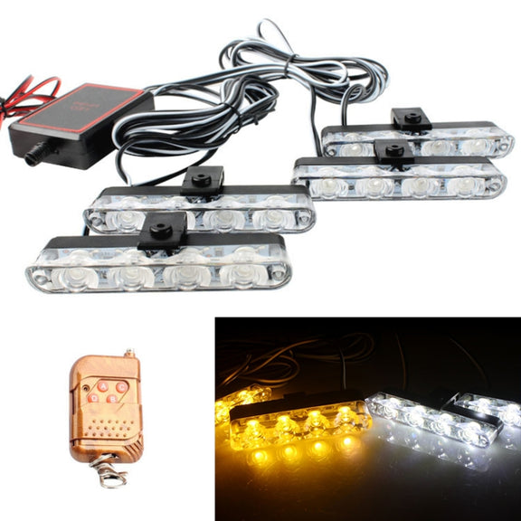 4 in 1 Car 16LEDs Grille Flash Lights Warning Lights with Wireless Remote Control(White Yellow)