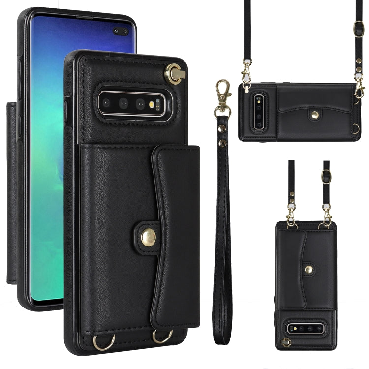 For Samsung Galaxy S10+ RFID Card Slot Leather Phone Case with Long Lanyard(Black)