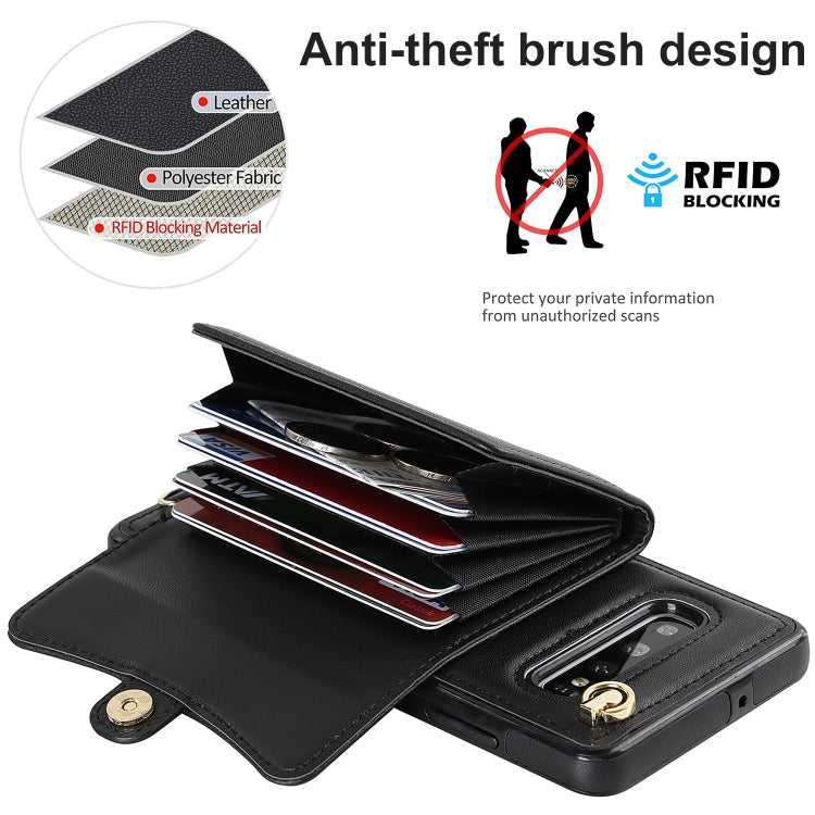 For Samsung Galaxy S10+ RFID Card Slot Leather Phone Case with Long Lanyard(Black)