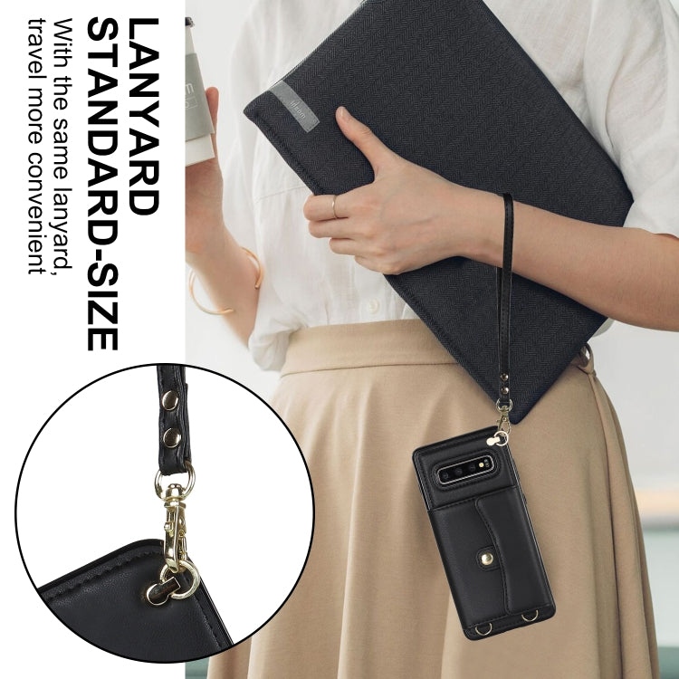 For Samsung Galaxy S10+ RFID Card Slot Leather Phone Case with Long Lanyard(Black)
