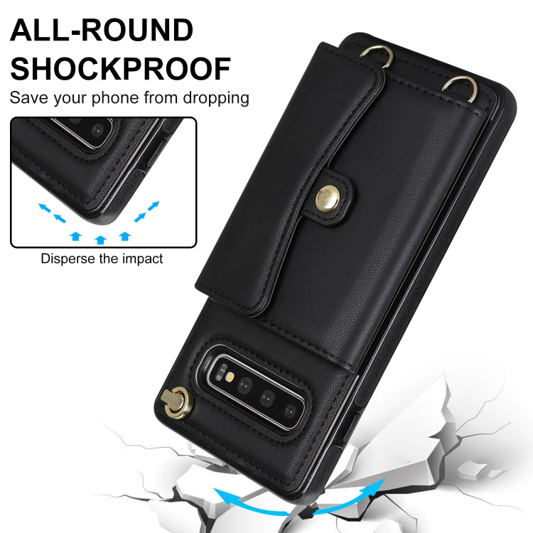For Samsung Galaxy S10+ RFID Card Slot Leather Phone Case with Long Lanyard(Black)