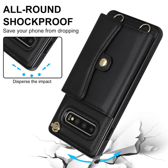 For Samsung Galaxy S10+ RFID Card Slot Leather Phone Case with Long Lanyard(Black)