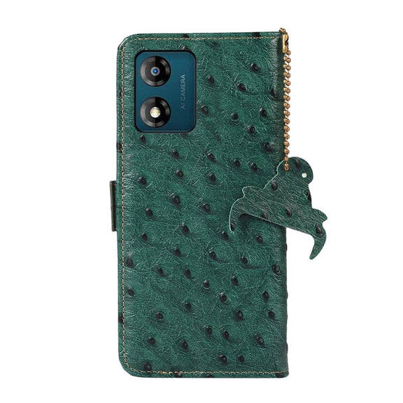 For Motorola Moto E13 4G 2023 Ostrich Pattern Genuine Leather RFID Phone Case(Green)
