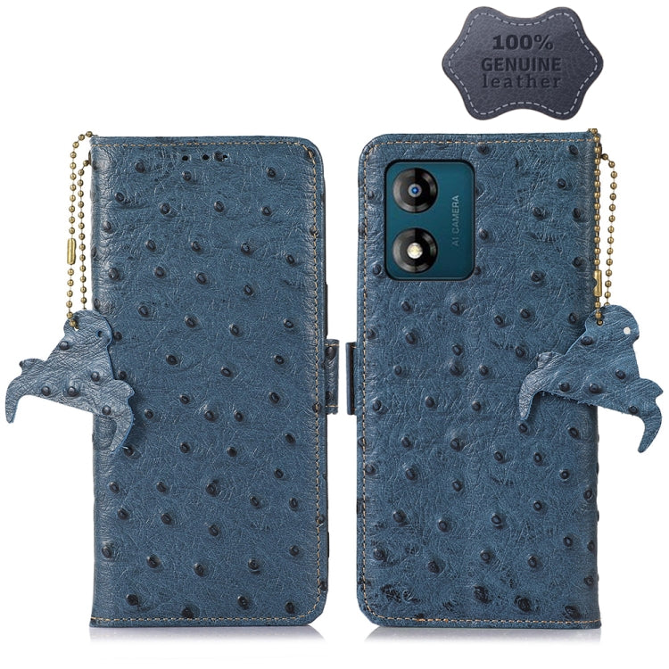 For Motorola Moto E13 4G 2023 Ostrich Pattern Genuine Leather RFID Phone Case(Blue)