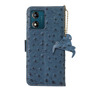 For Motorola Moto E13 4G 2023 Ostrich Pattern Genuine Leather RFID Phone Case(Blue)