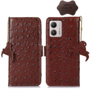 For Motorola Moto G73 5G Ostrich Pattern Genuine Leather RFID Phone Case(Coffee)