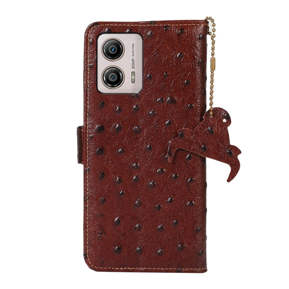 For Motorola Moto G73 5G Ostrich Pattern Genuine Leather RFID Phone Case(Coffee)