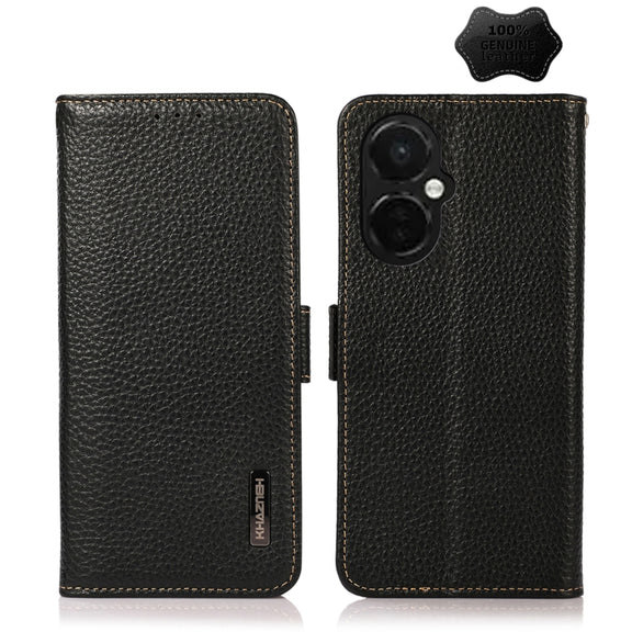 For OnePlus Nord CE 3 KHAZNEH Side-Magnetic Litchi Genuine Leather RFID Phone Case(Black)