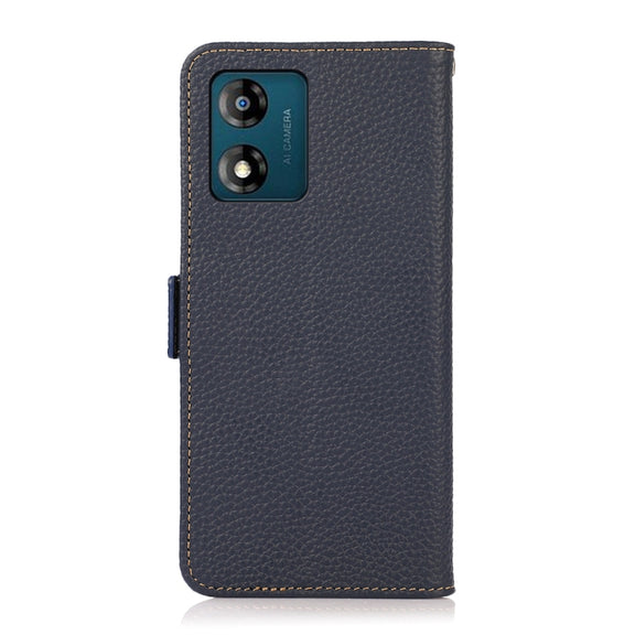 For Motorola Moto E13 2023 4G KHAZNEH Side-Magnetic Litchi Genuine Leather RFID Phone Case(Blue)