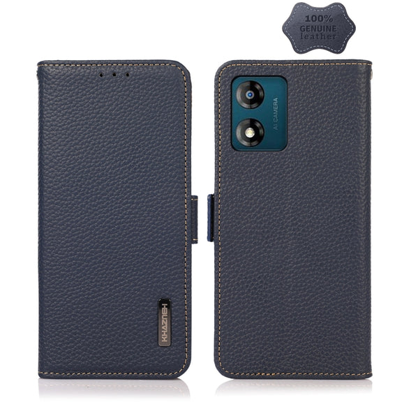 For Motorola Moto E13 2023 4G KHAZNEH Side-Magnetic Litchi Genuine Leather RFID Phone Case(Blue)