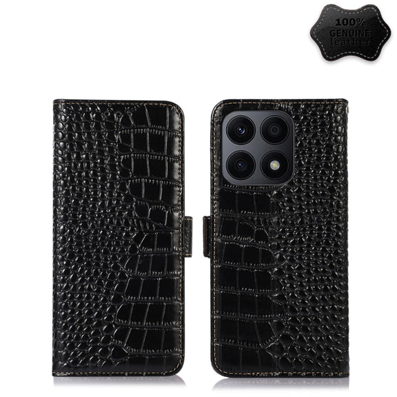 For Honor X8a 4G Crocodile Top Layer Cowhide Leather Phone Case(Black)