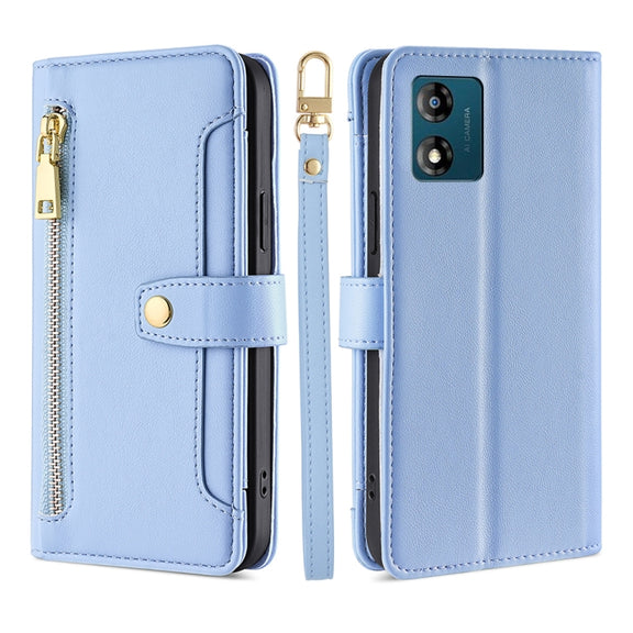 For Motorola Moto E13 4G Sheep Texture Cross-body Zipper Wallet Leather Phone Case(Blue)