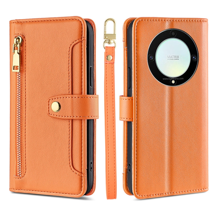 For Honor X9a 5G Sheep Texture Cross-body Zipper Wallet Leather Phone Case(Orange)