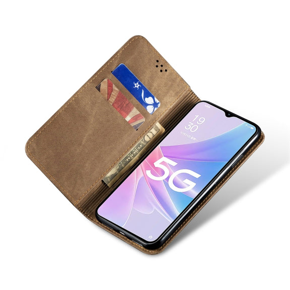 For OPPO A58 5G / A58x / A78 5G Denim Texture Leather Phone Case(Khaki)