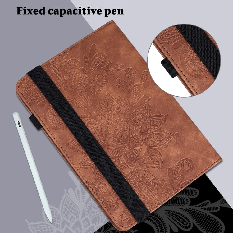 For Lenovo Tab M8 4th Gen Lace Flower Embossing Pattern Leather Tablet Case(Brown)
