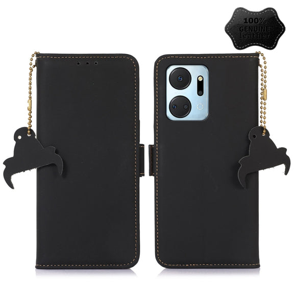 For Honor X7a 4G Genuine Leather Magnetic RFID Leather Phone Case(Black)